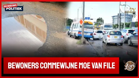 Uren lange file door kuilen van ’t hogerhuystraat (Suriname)