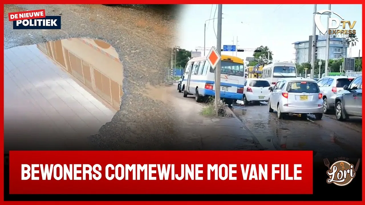 Uren lange file door kuilen van ’t hogerhuystraat (Suriname)